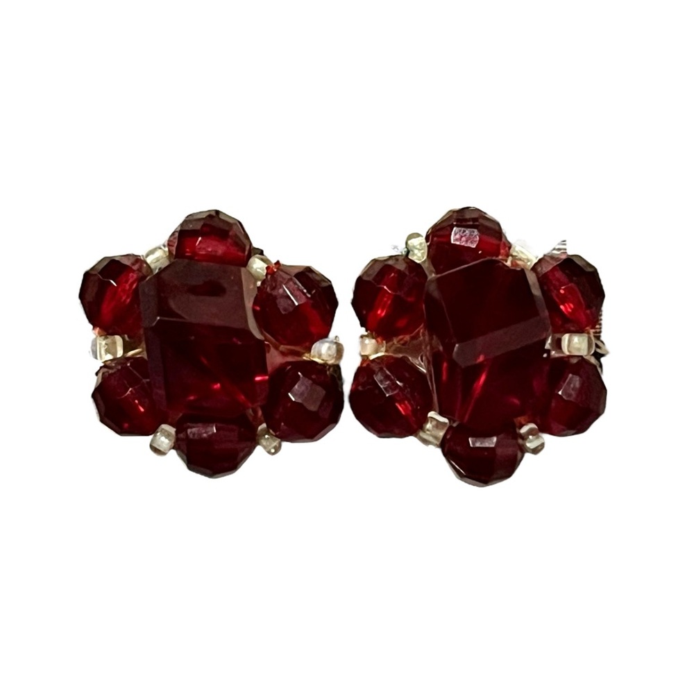 Vintage Western Germany Beaded Clip On Earrings Burgundy